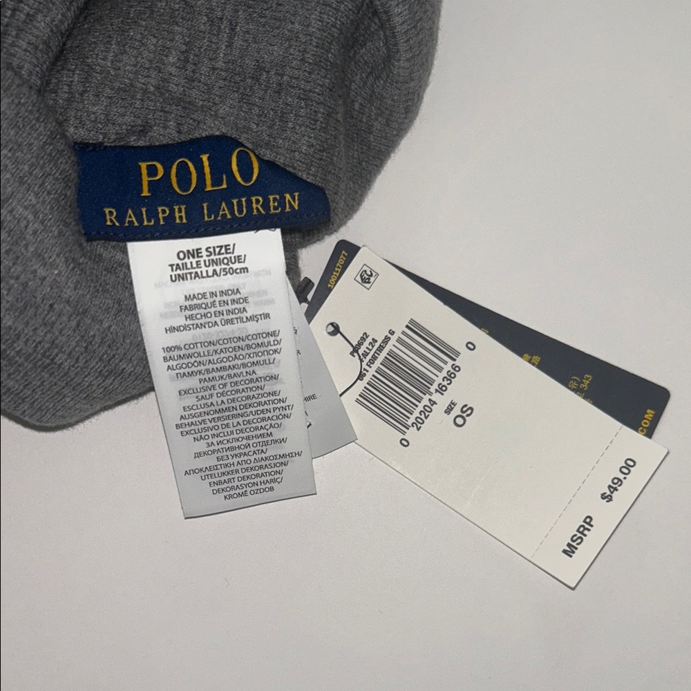 NWT Polo Ralph Lauren Grey Cotton Knit Beanie Hat OS - Picture 2 of 3